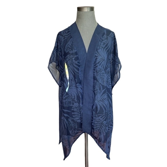 Beach Cover Up Navy Blue Palms Print Sheer Cover Up Beach Dress Open Front Tunic - Picture 2 of 5